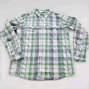 Columbia Shirt Men L Plaid LS Roll Up Tab Pockets Outdoor Sun Protect Vents Mesh